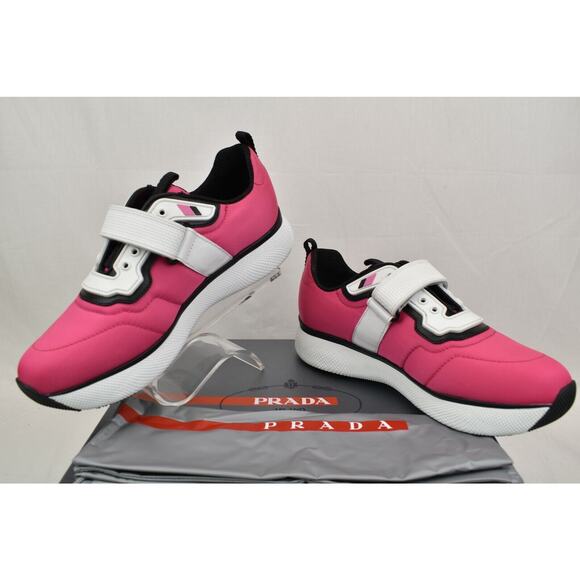 NIB PRADA 3E6322 PINK NYLON WHITE PATENT LEATHER LOW TOP STRAP SNEAKERS 37.5 - Picture 5 of 11